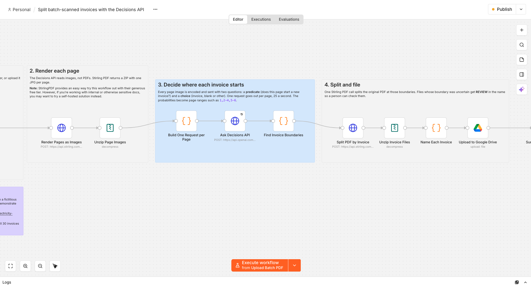 The n8n workflow for splitting batch-scanned invoices. It renders each page as an image, asks the Decisions API where each invoice starts, then splits the PDF and files the invoices in Google Drive.